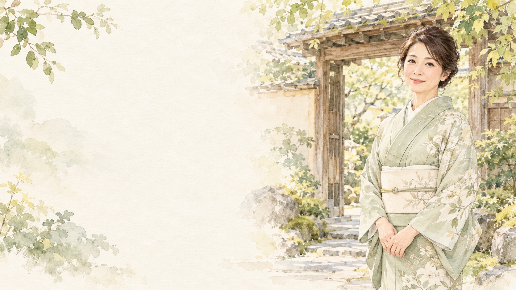 日本庭園で淡い緑の着物を楽しむ女性の水彩イラスト